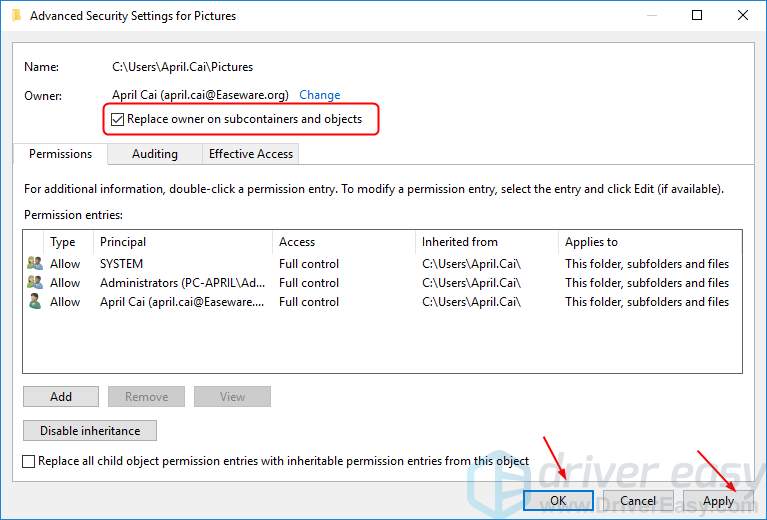 replace owner on subcontainers and objects