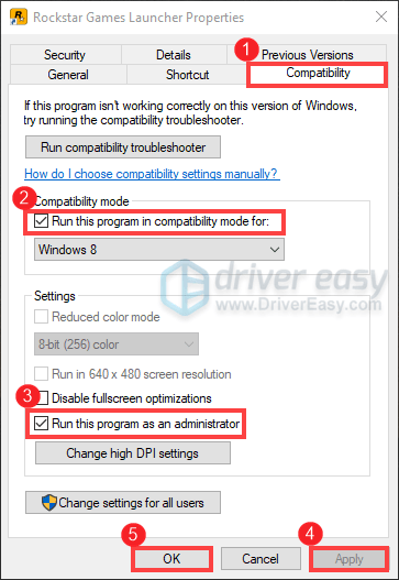 run Rockstar Games Launcher with compatibility mode with administrator priviledges