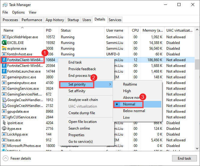 set priority to normal Fortnite